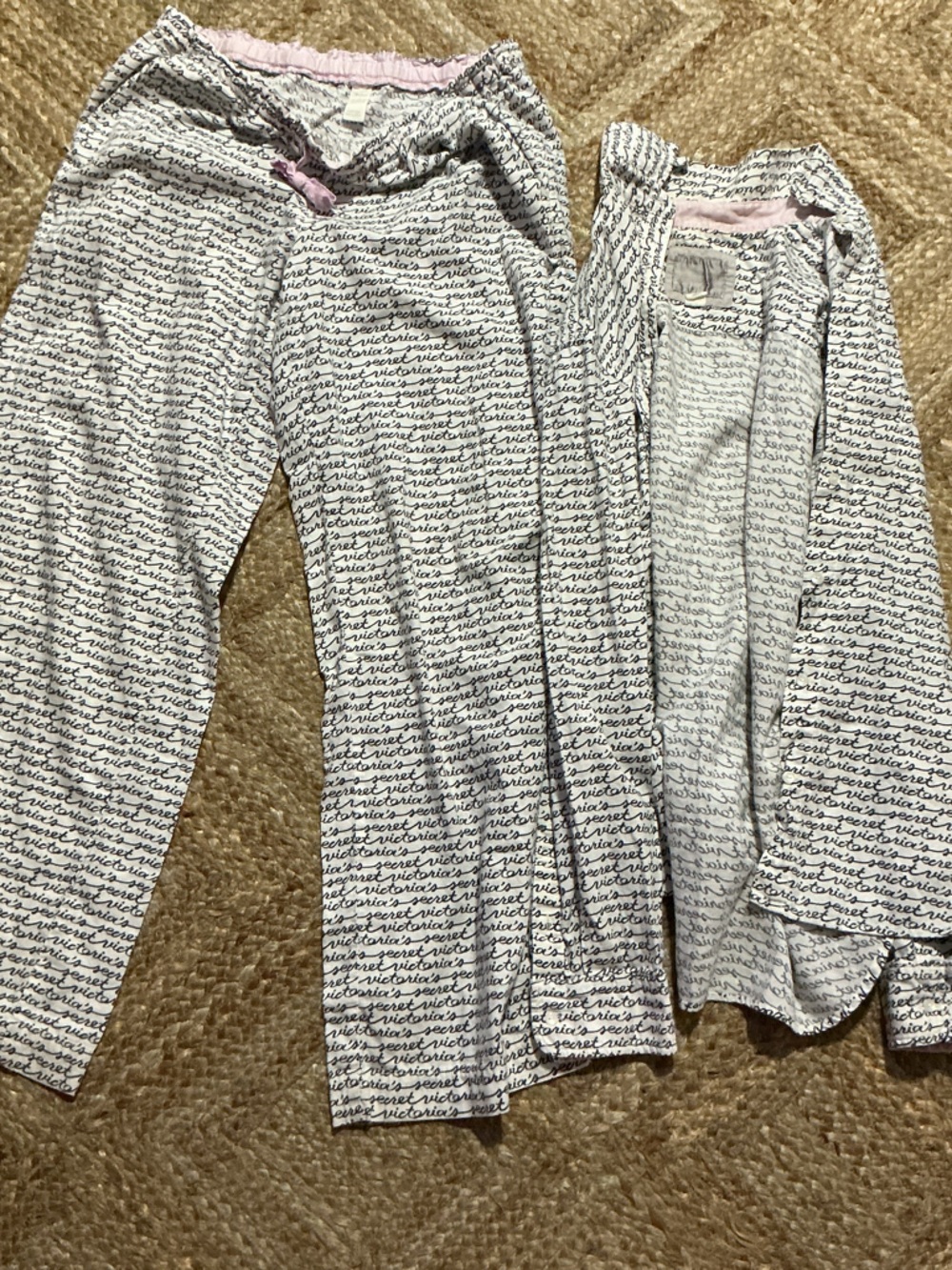 Victoria's Secret White & Black Script Pajama Set with Pink Trim